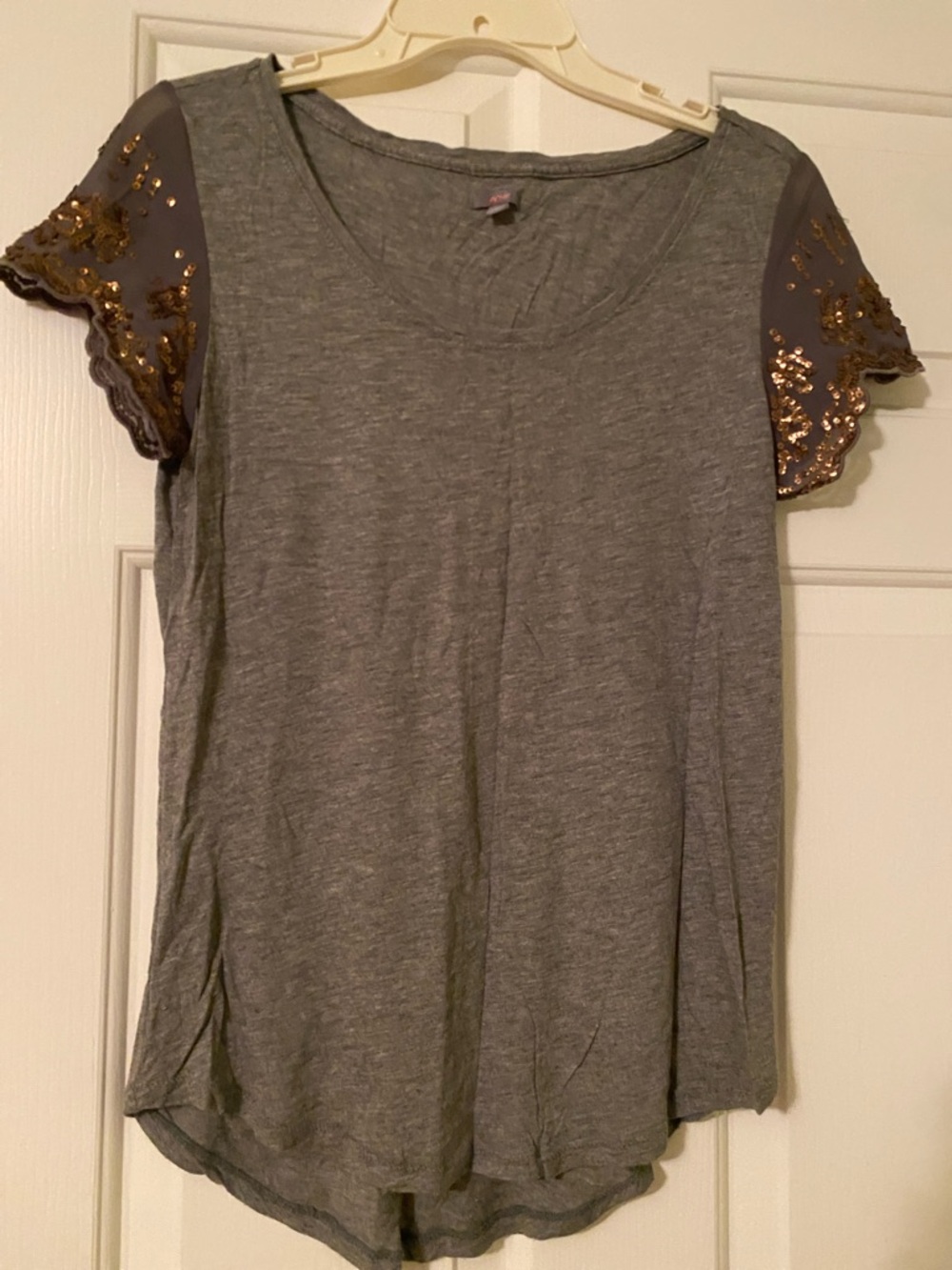 aerie Gray Tee with Gold Sequin Sheer Sleeves